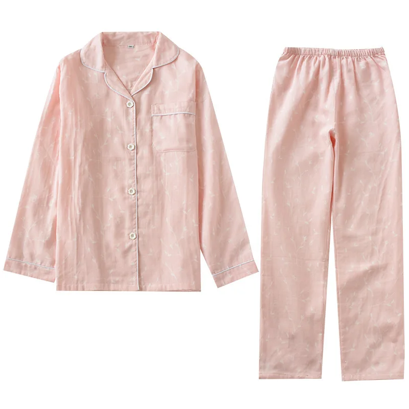 

Cotton Pajama Set for Women Spring and Autumn Blue and Pink Colors Home Wear Branch Print Long Sleeve Trousers Suit for Homewear