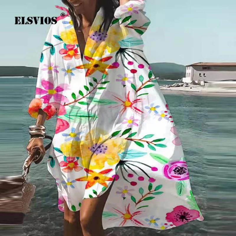 2021 Spring Summer Women's Turn-down Collar Long Sleeve Button Shirt Dress Casual Elegant Floral Print Dress Beach Party Dresses