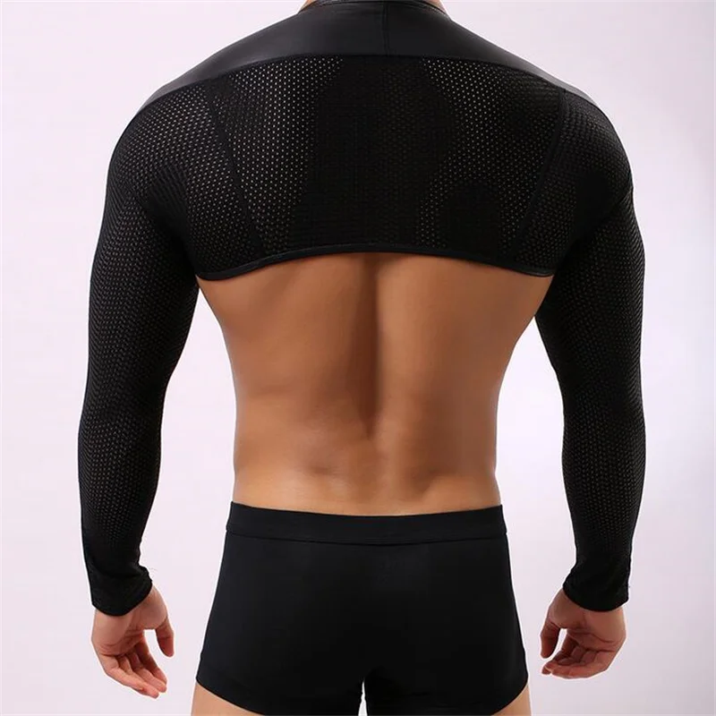 Мужская Сетчатая футболка в стиле пэчворк из искусственной кожи сексуальная