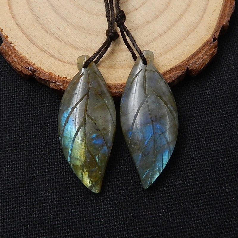 Сережки с натуральным камнем драгоценный камень лабрадорит Резные листья Модные