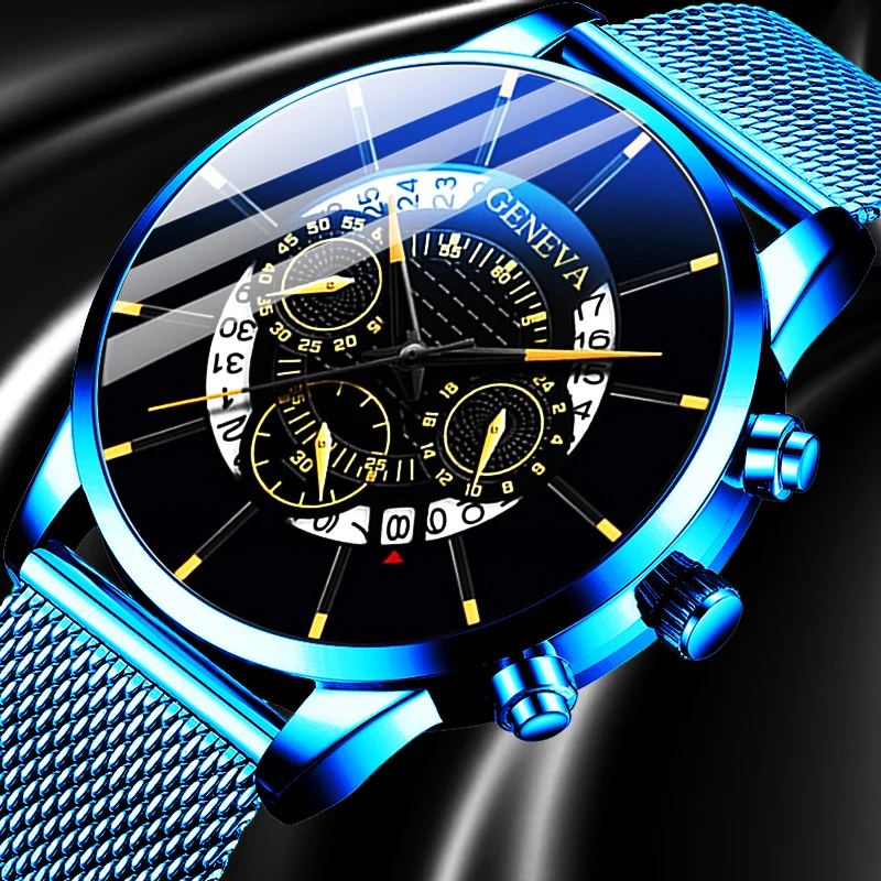 

Nice Vogue Mens Business Casual Date Calendar Watches Luxury Blue Stainless Steel Mesh Belt Quartz Watch for Man Clock