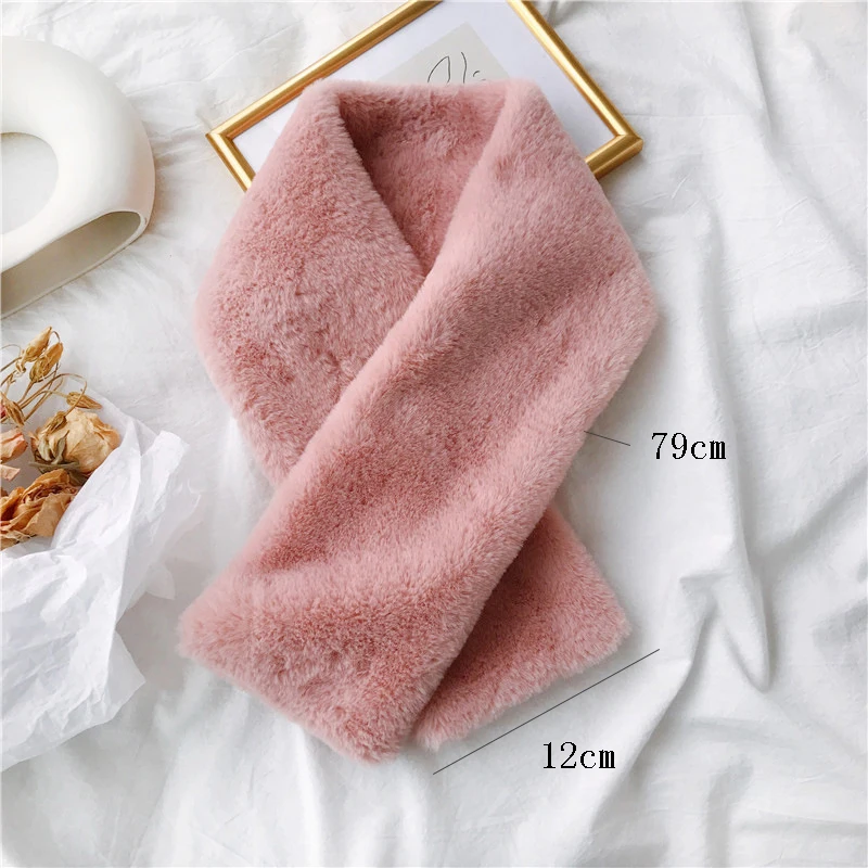 

Women Winter Warm Thicken Scarfs Solid Color Faux Rabbit Fur Plush Cross Collar Scarf Shawl Solid Elegant Warm Hot