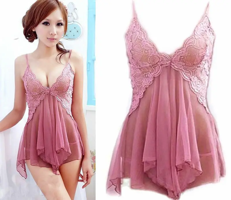New arrival Women Sexy Lingerie Lace Dress sleeveless Underwear Sleepwear+G-string Nightwear Exotic pink Babydoll 