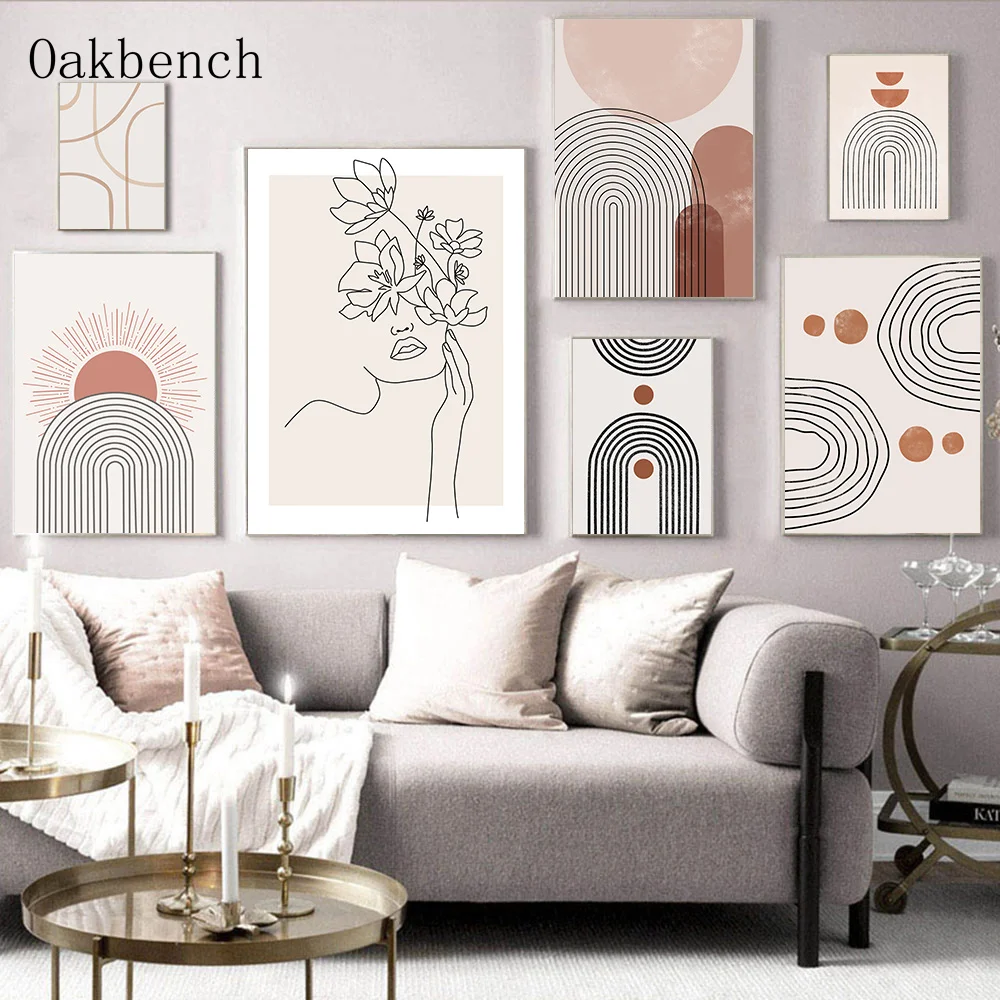 

Постеры и принты в богемном стиле, абстрактные линии, художественная живопись на холсте, с цветами, красавицей, линией лица, солнцем, Декор д...