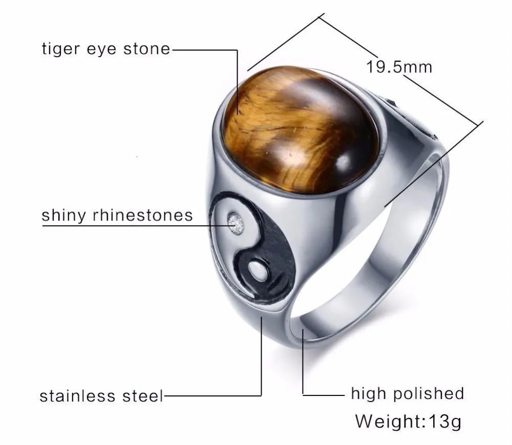Мужские овальные тигровый глаз коричневые камни с Инь Ян перстень из нержавеющей