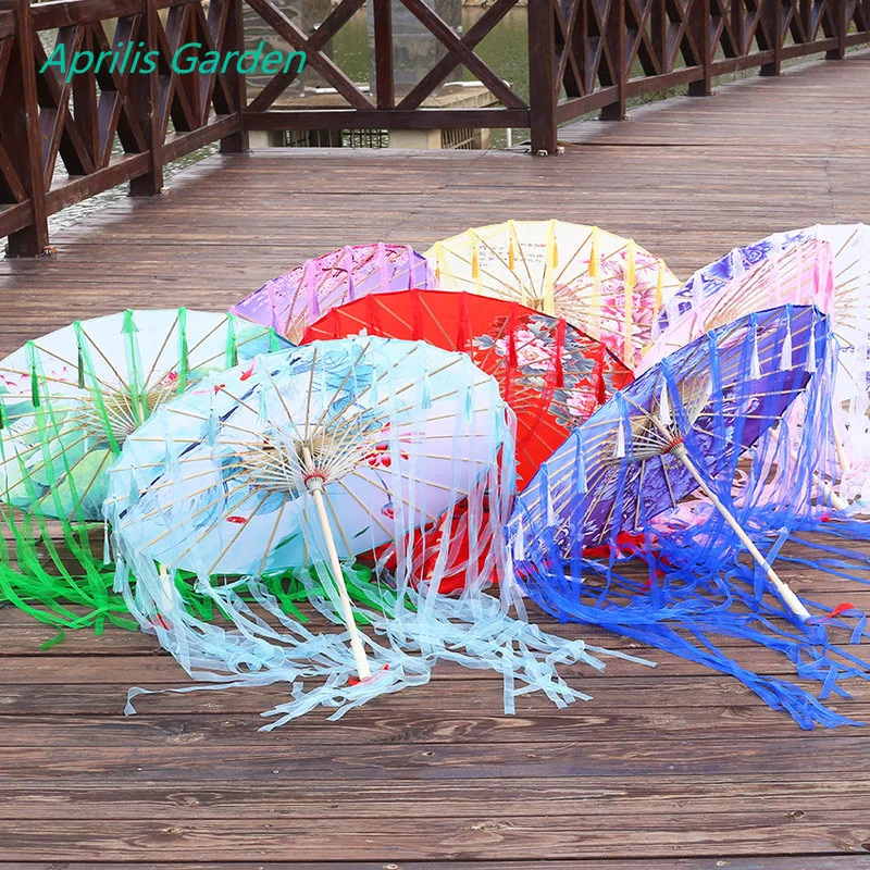 

New Bamboo Oiled Paper Umbrella Women Tassels Yarn Ribbon Hanfu Umbrella Woman Parasol Retro Performing Japanese Chinese Style