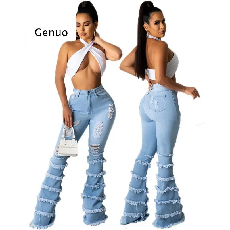 Light Blue Women for Ripped Jeans Ladies Wei La High Waist Splicing Elasticity Flare Washed Pants Vintage Jeans 2021