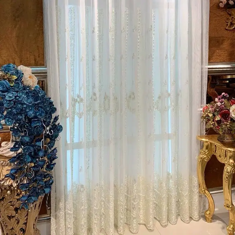 Европейские Роскошные тюлевые шторы в полоску с вышивкой жемчугом кружевные