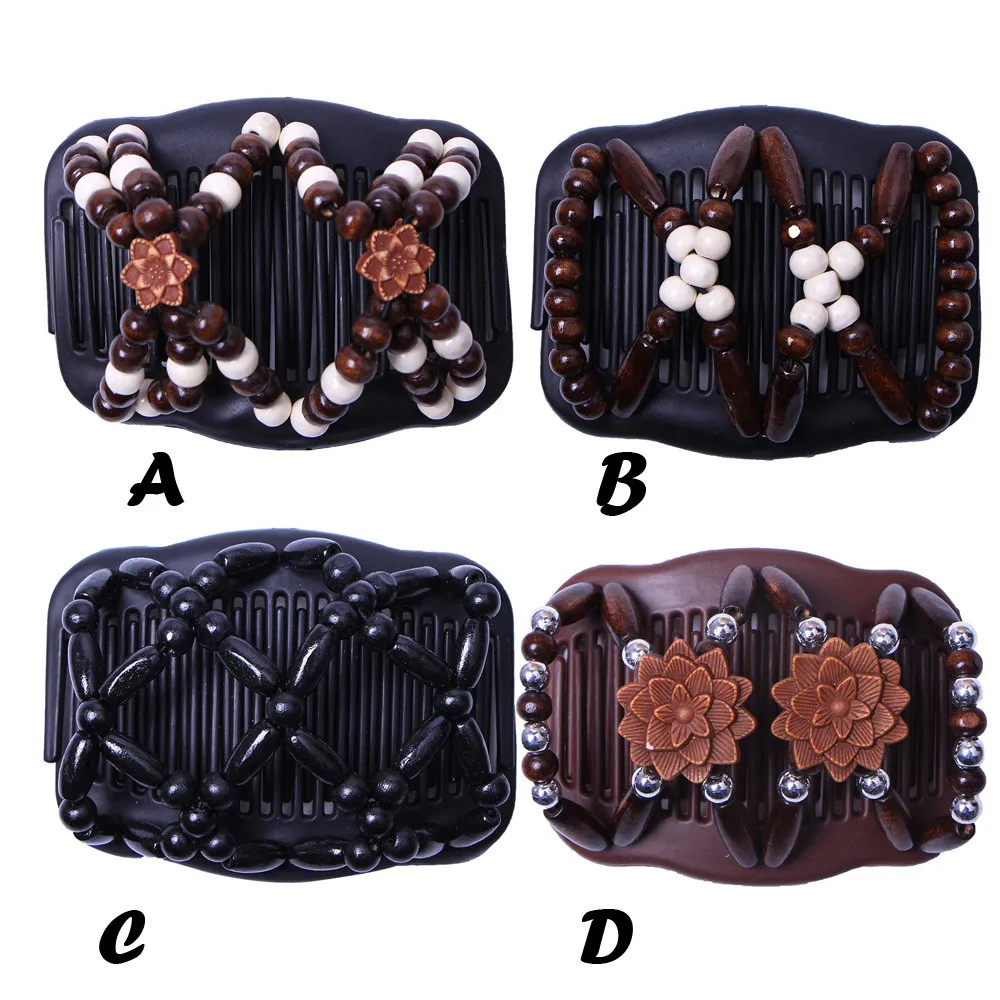 Двойной отделанный бисером деревянная расческа зажим для волос эластичная