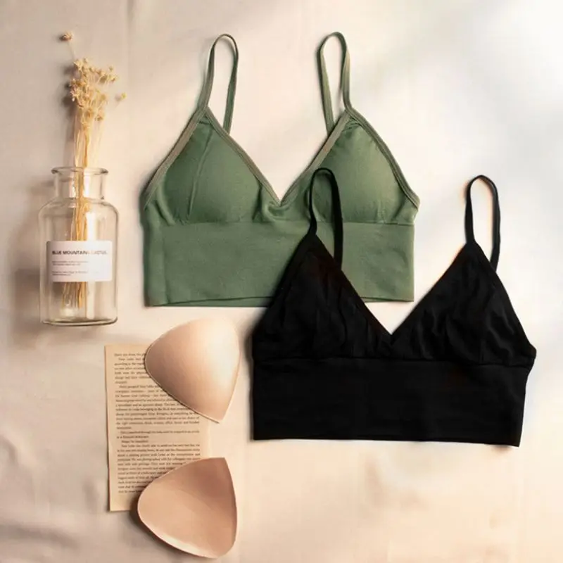 

Womens Sexy Deep V-Neck Solid Color Crop Top Push Up Padded Wire Free Bralette Seamless Backless Triangle Bra Sports Camisole