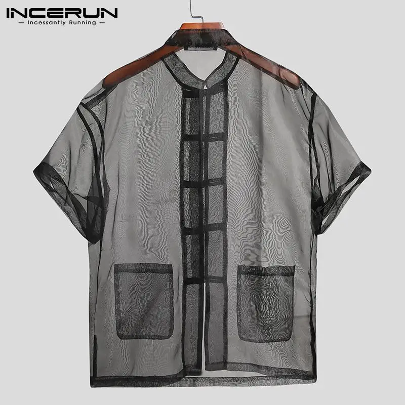 

INCERUN Для мужчин рубашка сетчатые прозрачные пикантные воротник стойка Топы в китайском стиле короткий рукав Уличная 2021 Повседневное Camisas