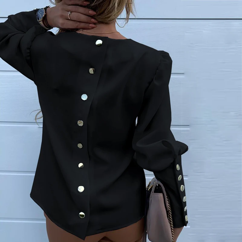 Женская элегантная однотонная блузка с пышными рукавами, рубашки для офиса, женские блузки с круглым вырезом и пуговицами, Осенние повседневные уличные блузки размера плюс 3XL