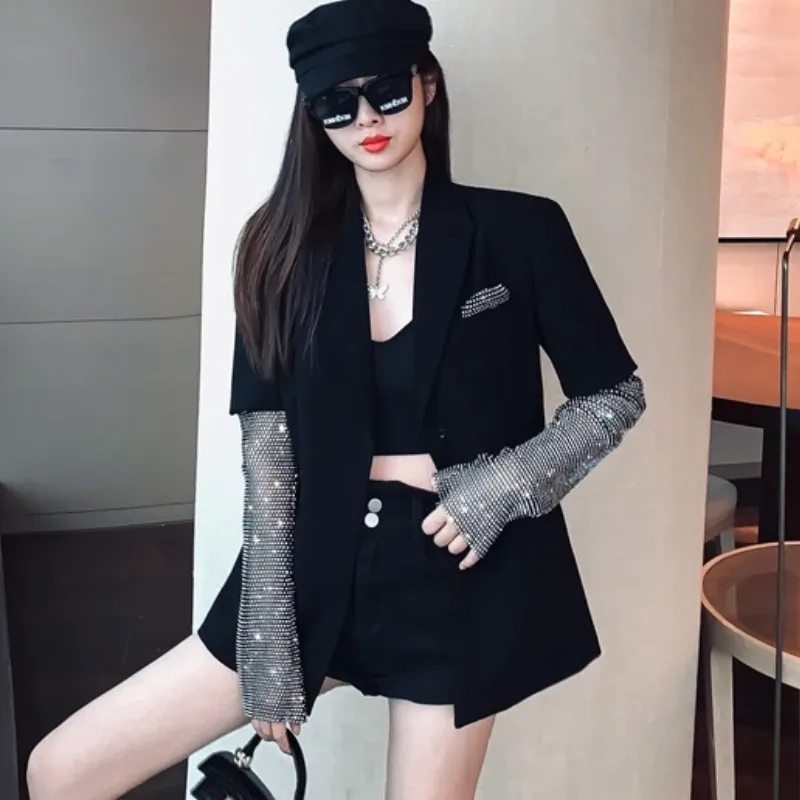 

2021 New fashion Autumn Black Blazer For Women Long Sleeve Diamond Patchwork Long Elegant Coat Female women Clothing