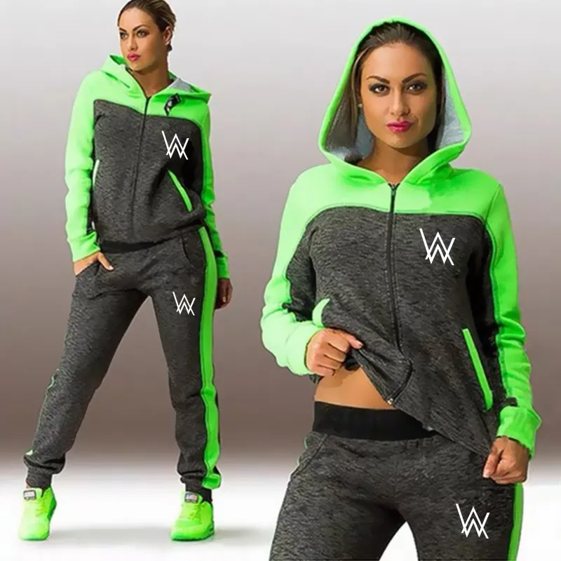 

Hoodies Tracksuit Women Two Piece Set Colorblock Zippers Hooded Sweatshirt Top and Pants Suits Female jogging femme ropa mujer