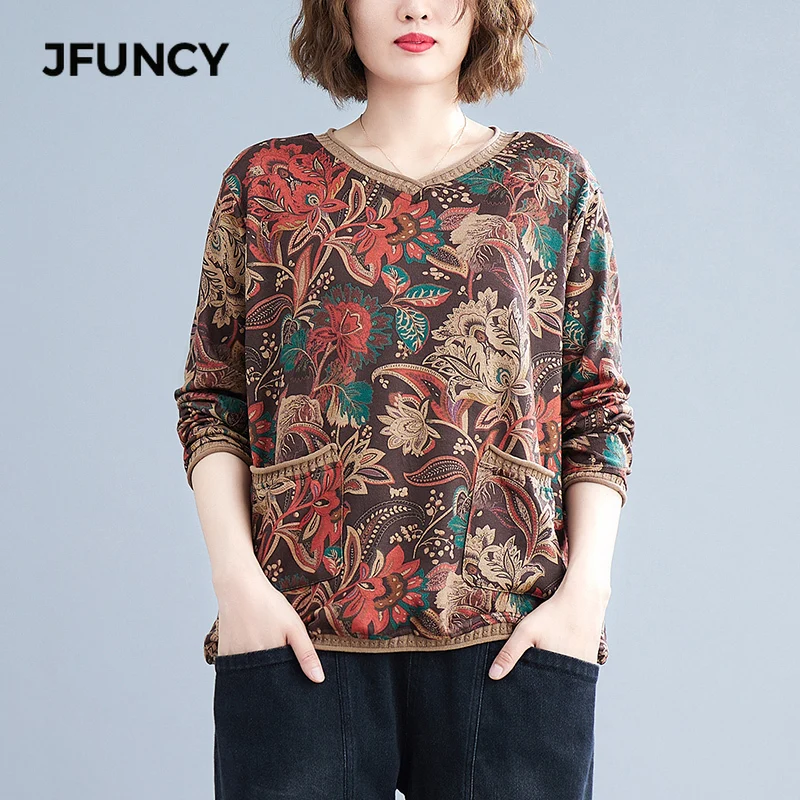 

JFUNCY Vintage Knitted Women Sweater 2021 Fall Winter Folk Floral Print V-Neck Long Sleeve Pullovers Female Retro Casual Tops