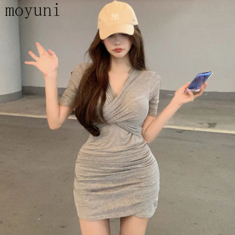 

Women's Skirt 2021 Summer New Hong Kong Style Retro Sexy V-neck Sheath Skirt Elegant Slim-Fit Short Sleeve Dress for Women