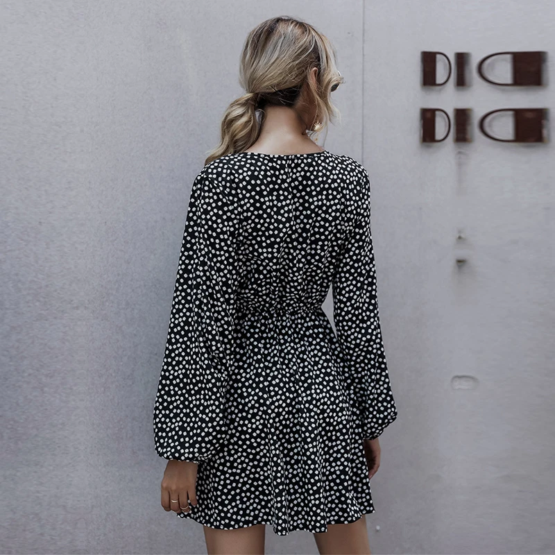 

Autumn Winter Dot Print Dress Women Casual High Waist Lantern Sleeve Slim Above Knee Dress For Women 2020 New Fashion