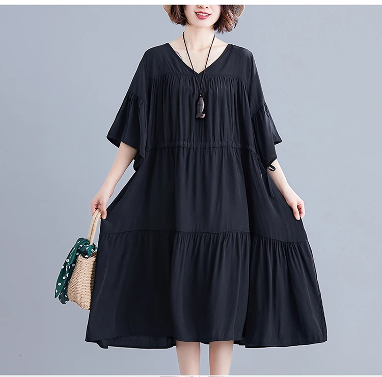 DIMANAF, женское платье большого размера, летнее, модное, женское, vestidos, сарафан, свободное, плиссированное, ниспадающее, с рюшами, повседневное, женское платье, 5XL