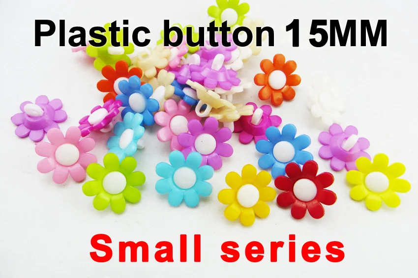 

50PCS 15MM colors Dyed Plastic Flowers Buttons Fits Coat Boots Sewing Clothes Accessory Garment Button P-235G