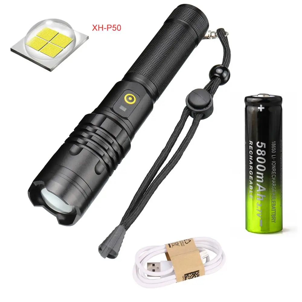 USB светодиодный фонарики XPH50 3 режима фонарик с фокусировкой света 18650 портативный