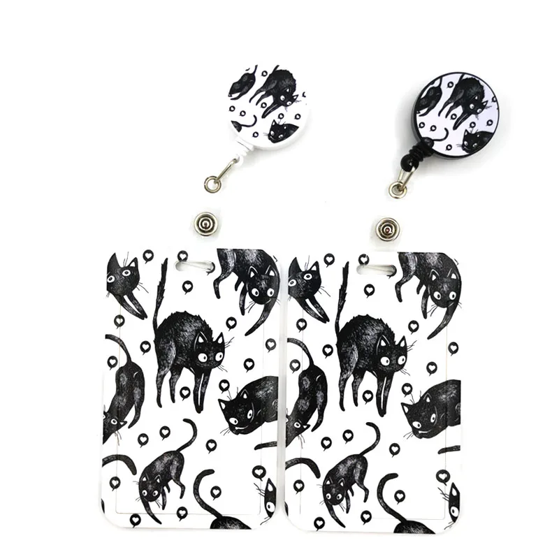

Black cat Cartoon Cute Credit Card Holder Lanyard Women Men Kids Student Retractable Badge Reel Name Bus Clips Card Badge Holder