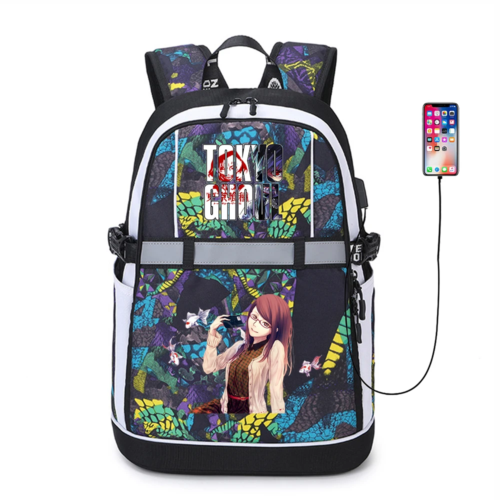 

Anime Tokyo Ghoul USB Backpack Reflective Stripe Teenger Oxford Casual Cartoon Student Schoolbag Bag Zipper Bookbag