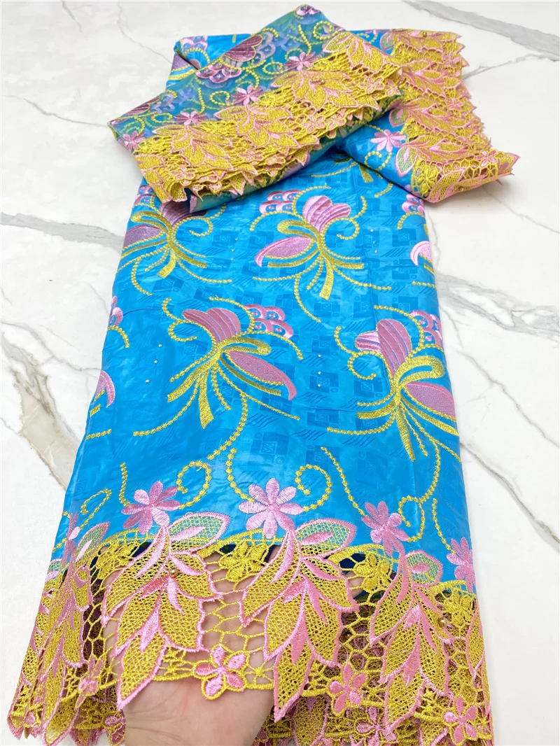 

PGC African Bazin Riche Getzner Lace Fabric With Scarf With Beads 5+2 Yards Guinea Brocade Fabric For Wedding Sewing YA4418B-1