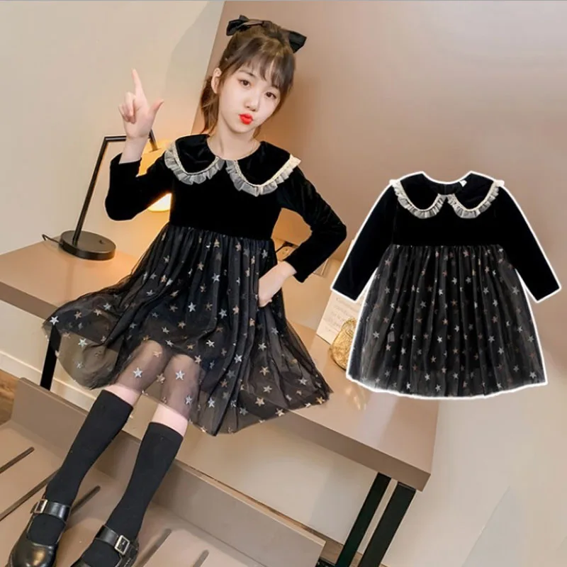 

Black Mesh Sequined Star Dresses Little Big Girls Patchwork Long Sleeve Princes Dress Kids Autumn Knee Length Dresses Clothing