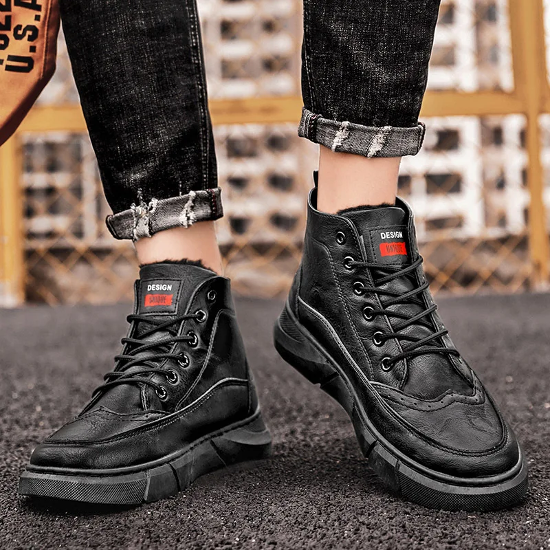 

Men Boots Men Casual Shoes PU Solid Color Plus Velvet Round Shape Flat Lace Anti Slip and Waterproof Men Work Shoes