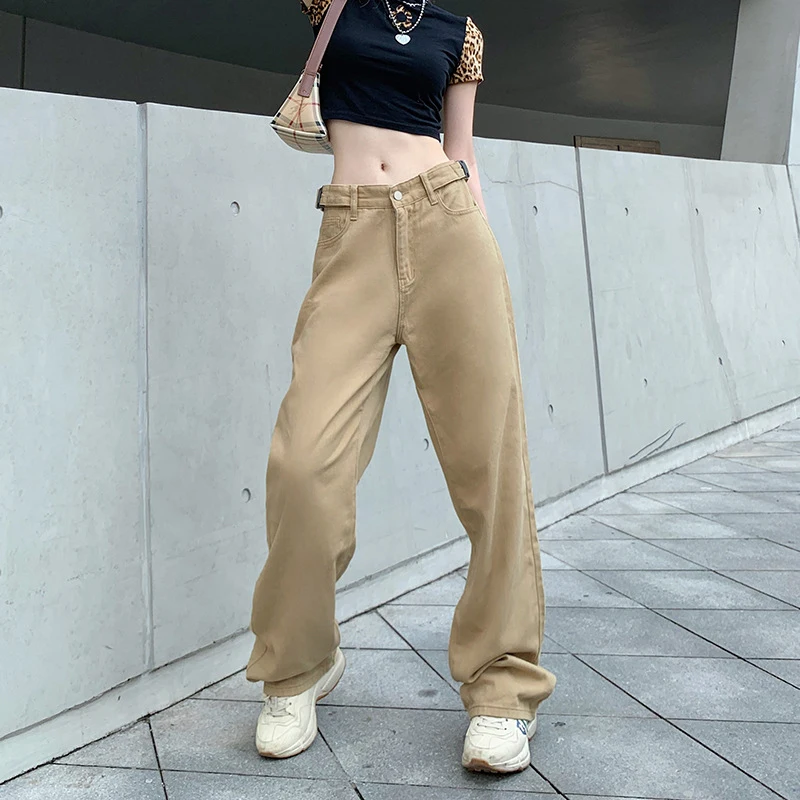 

Kayotuas Women Jeans Loose Casual Button Chic Girls Street Style Leisure New Fashion Khaki Solid Color Bottoms Trousers