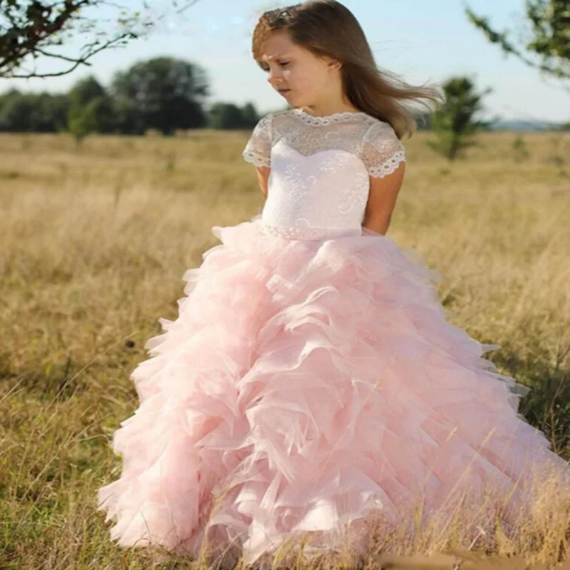 Picture style Синий пояс с жемчугом, бант, цветок, платье для девочек, Кружевная аппликация, рукав-колпачок, платье для первого причастия, вечерние платья для торжеств - Цвет: Picture style