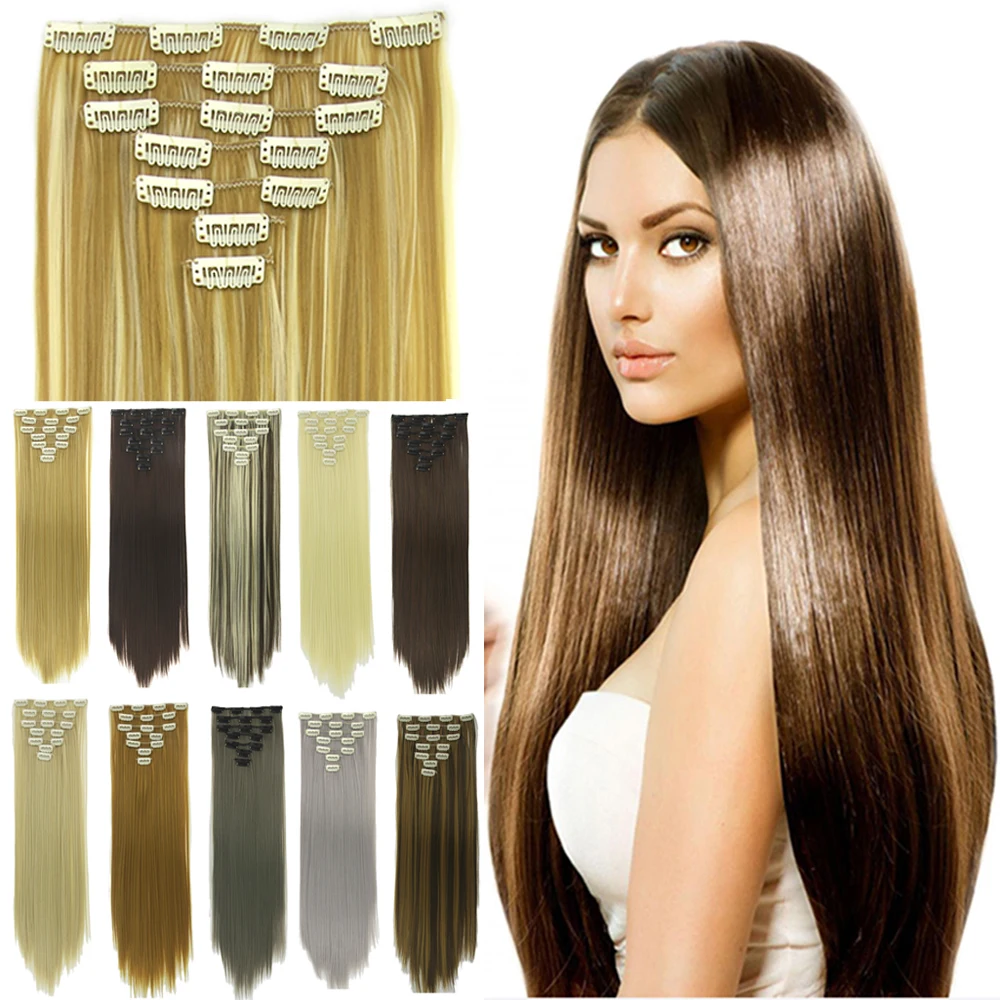 Soowee Long Straight Synthetic Hair Piece 7PCS/SET Blonde Gray Mega Red Hair Clips In Fake Hair Extensions Full Head