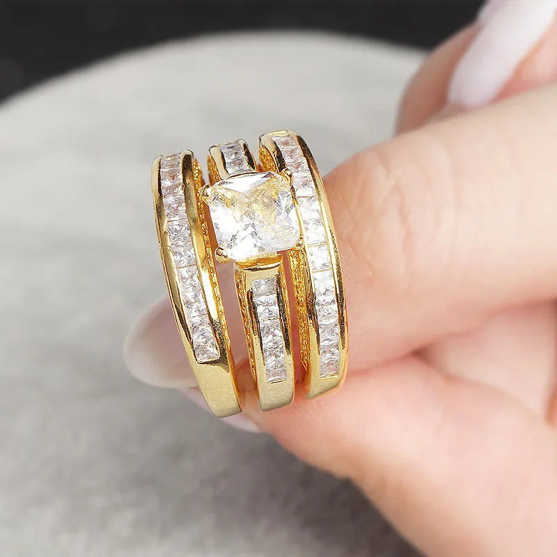 Костюм из трех предметов 14K Золотое свадебное кольцо с бриллиантом набор для женщин Anillos драгоценный камень ювелирные изделия Роскошные 14K золотые обручальные кольца с брилиантами