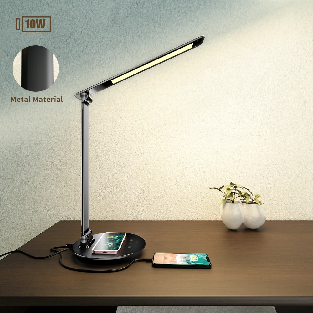 

LED Desk Lamp with 10W Wireless Charger USB Charging Port Touch Switch Dimmable Lamp 5 Color Modes 60 min Timer Eye-caring Table