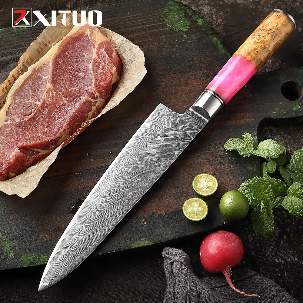 Нож шеф-повара XITUO острый кухонный нож Дамасского типа 8 дюймов из розовой смолы