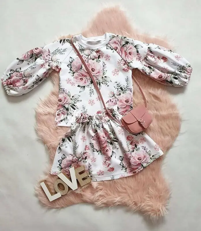 Children's 2PCS Set Baby Girls Floral Blouse Outfits Toddler Kids Clothes Long Sleeve T-shirt Tops + White Elastic Short Skirts | Детская