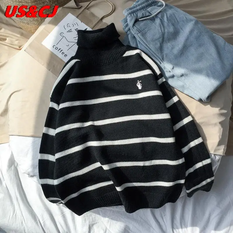 

Fashion StripeTurtleneck Sweater 2021 Autumn Winter Korean Loose Casual knitted Pullover Harajuku All-Match Street Clothes Tops