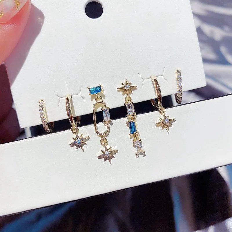 

6 pieces/set Blue Zircon Star Stud Earrings Set 925 Sterling Silver Korean Style Hot Selling Accessories Student's Gift