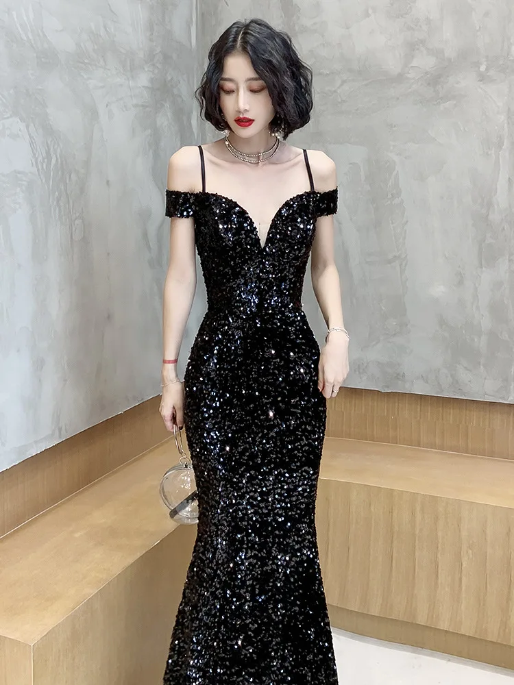 Black Mermaid Evening Dresses Sexy Off Shoulder Sequins Long Prom Party Gowns Cheap Hot Sale Lady Formal Occasion Wear | Свадьбы и