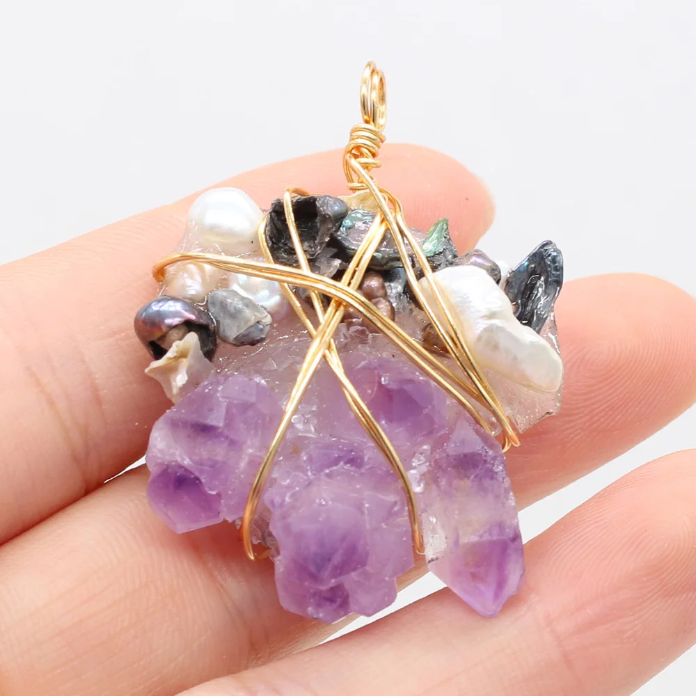 

Natural Stone Gem Pearl Irregular Amethyst Winding Pendant Handmade Craft DIY Necklace Jewelry Accessories Gift Making 40x50mm