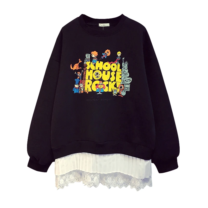 

Fashion new fat sister 4XL age reduction wear loose and thin lace stitching printing plus velvet sweatshirts
