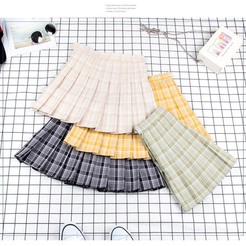 Теннисная юбка 2019 плиссированная в клетку с авокадо стиле колледжа для занятий