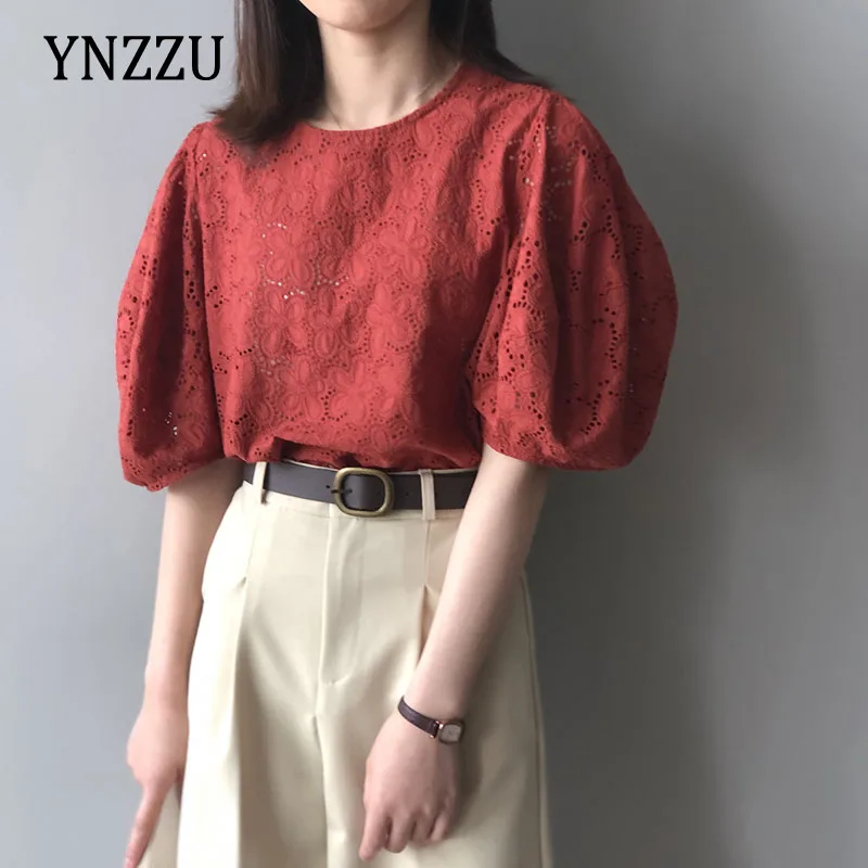 

New arrival 2021 Puff sleeve Lace Tops Women Casual O-neck Loose Tunic Shirt Fashion Embroidery Blouse Summer Female YNZZU 1T099