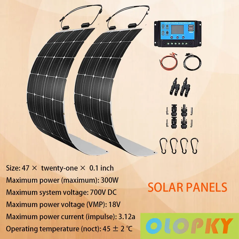 

Комплект солнечной системы 600 Вт, фотогальванический модуль, элемент, однокристальный гибкий 2 × 300 Вт 18 в, солнечное зарядное устройство