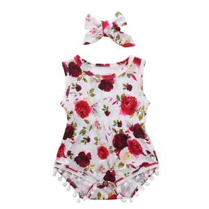 Комбинезон без рукавов с цветочным рисунком для новорожденных девочек 0-24 месяцев; Симпатичный помпон; Комбинезон; Летняя одежда для маленьких девочек; Костюмы