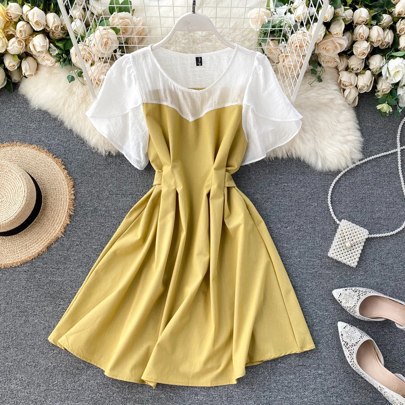 

2021 Summer Korea Fashion Women Casual Puff Sleeve Empire A-Line Dress H759
