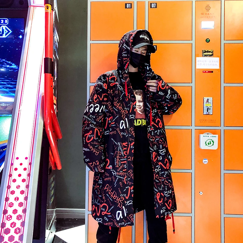 

Trench Long Jacket Mens Full Letter Printed Harajuku Hooded Windbreaker Hip Hop Autumn Winter Overcoat Male Casual Outwear