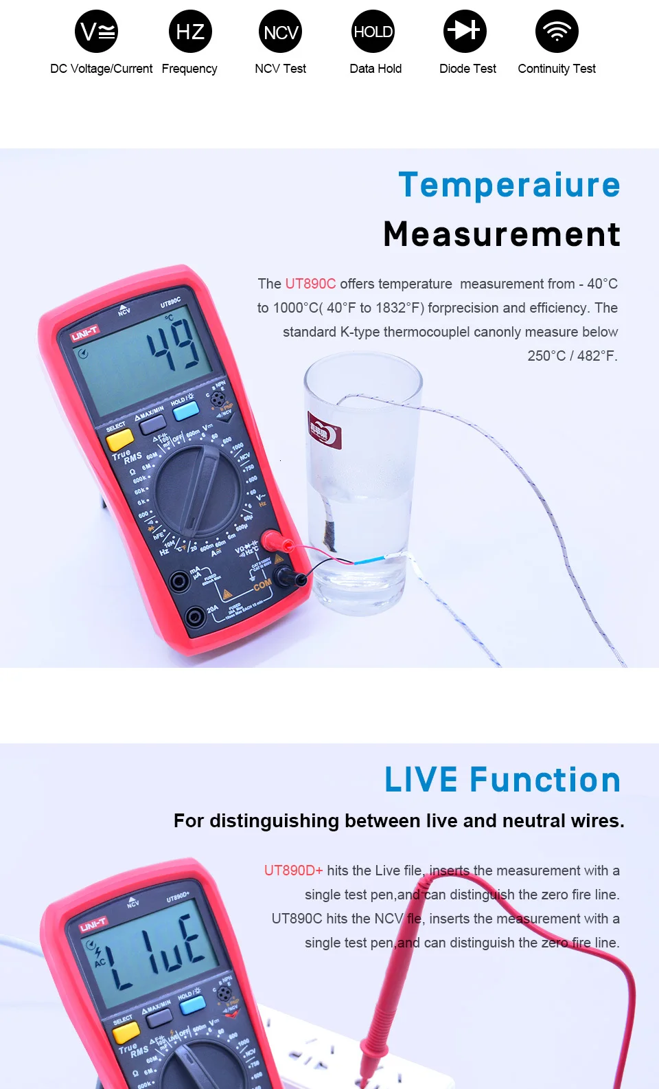 True RMS цифровой мультиметр UNI-T UT890C UT890D+ AC DC Напряжение измеритель тока Сопротивление Емкость ACV Измерение частоты ЖК-дисплей NCV