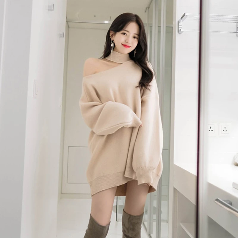 Свитер Женский вязаный оверсайз с воротником хомут корейский пуловер свободная