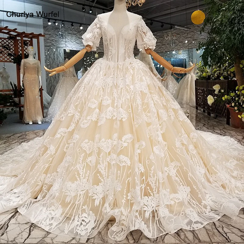 LS647141 бежевый свадебный наряд с круглым вырезом рукавами фонариками и открытой